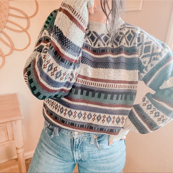 Vintage Sweaters - Vintage Grandpa Dad Fair Isle Nordic Boho Geometric Stripe Big Cozy Sweater